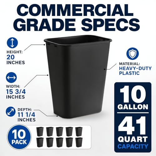 SunSierra 10 Pack, Recycle Wastebasket, 41 Qt./10 Gallon Rectangular Wastebasket/Trash Can Kit - Space Saving Recycling Bin, Narrow Spaces in Commercial, Kitchen, Home, Office, and Dorm - Black
