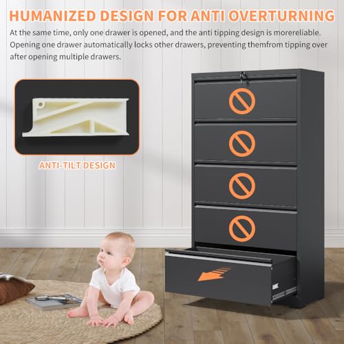 Hassyee Sturdy Vertical File Cabinets with Lock for Home Office, Durable Steel Office Filing Cabinet Printer Stands Storage Organizer with Smooth Drawers for A4 Legal/Letter Size documents (Black7)