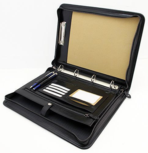 Noda Italian Genuine Leather Zipped Business Conference A4 Folder Ring Binder (Black)