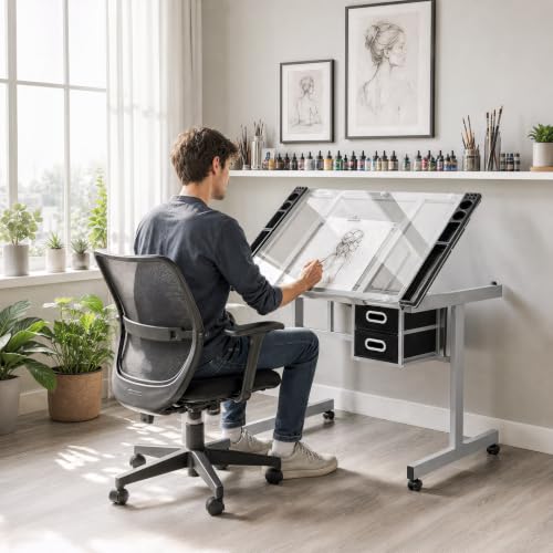 Athena Collection Adjustable Glass Drafting Table, Tilting Art Desk, Grey