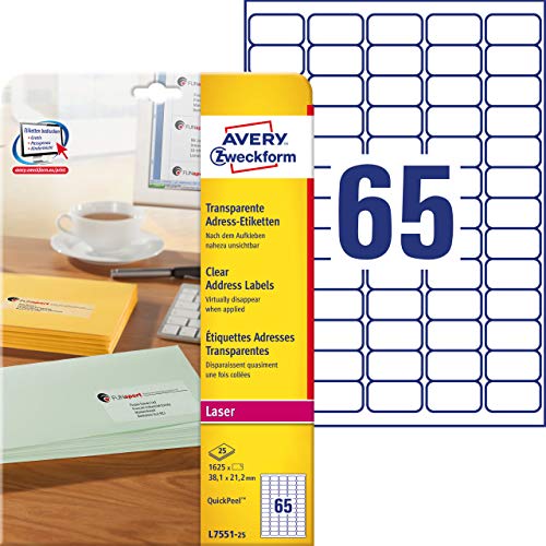 AVERY Zweckform L4770-25 Address Labels Printable Self-Adhesive for C6 Envelopes + Deutsche Post Internet Mark 1000 Labels Transparent 25 Sheets Format 38 x 21,1 mm Transparent