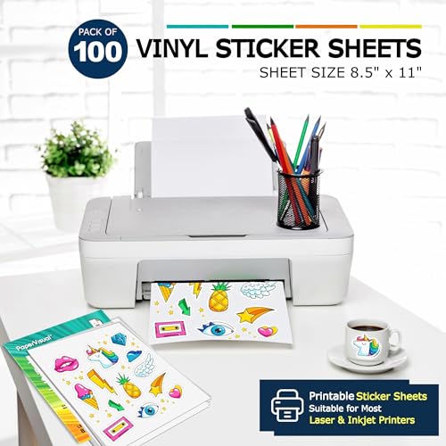 PaperVisual Matte Printable Vinyl Sticker Paper 100 Sheets - Waterproof White, Inkjet & Laser Printer, 8.5x11, Quick Dry, Tear Resistant, Compatible with Cricut & Silhouette -DIY,Labels,SmallBusiness