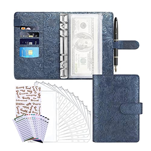 A6 Budget Binder Money Saving Cash Envelope Planner with 8 Zipper Pockets,12 Expense Sheets and 2 Label Stickers