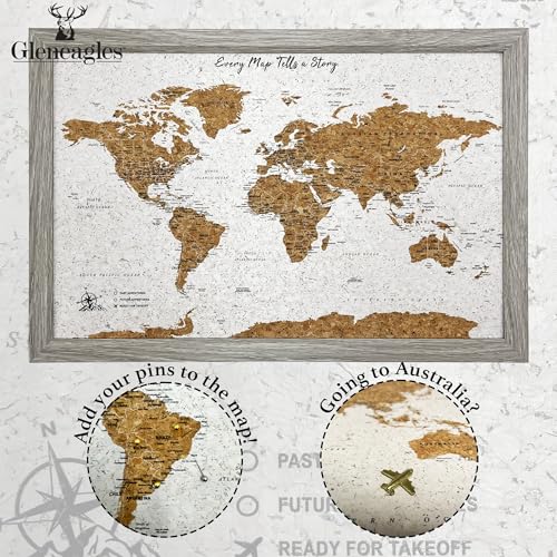 Gleneagles World Travel Map Pin Board - Gray Cork, 70 Pins Wall Decor