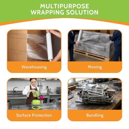 PSBM Stretch Wrap with Handles, 8 Rolls 20 Inch x 1000 Feet 80 Gauge Heavy Duty up to 800% Ultimate Stretch Clear Plastic Wrap Industrial Strength Shrink Film for Moving, Packing & Shipping