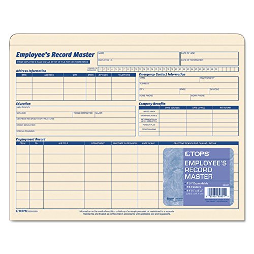 TOPS Employee Record Master File Jacket, 1-1/4 Inch Expandable, 11.75 x 9.5 Inches, Manila, 15-Pack (32801)