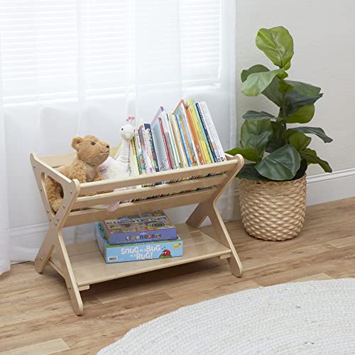 ECR4Kids Wooden Book Caddy with Storage Shelf and Handles, Natural