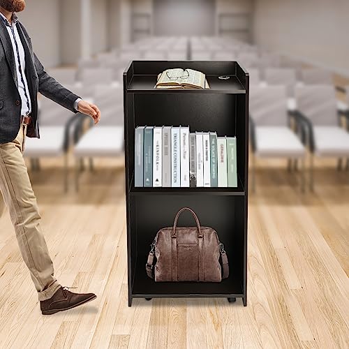 41" Podium Stand, Rolling Wood Lectern Podium with Storage Shelf Presentation Stand Church Pulpits for Church School Conference Podium Stand (Black)