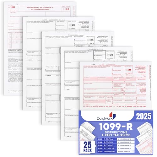 Tax Form R -1099 Tax Forms 2025 (distributions) 25 Sets of 4-Part, Laser Forms, Federal and State Copies (2 Forms on a Sheet) with 3 1096 Transmittals, 2025