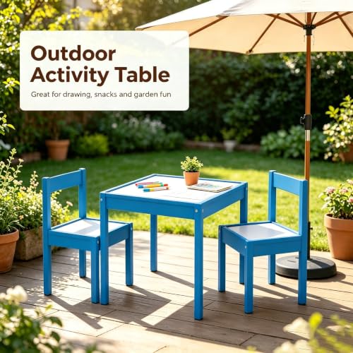 GIPXDVS 3‑Piece Table and Chair Set, Wipeable Dry‑Erase Surface, Rubber Wood Legs, Rounded Edge Treatment, Simple Assembly(OrionBlue)