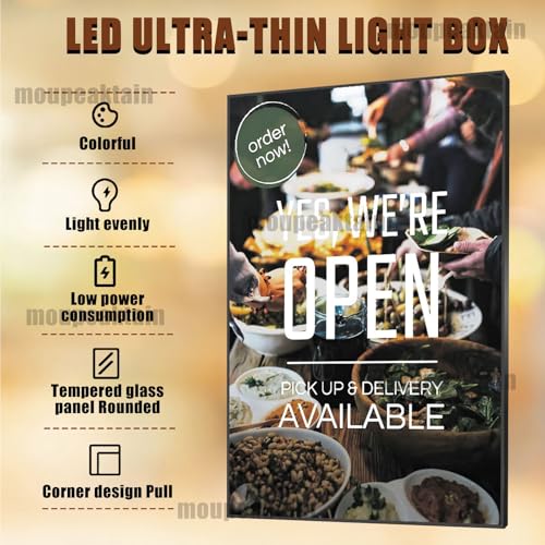 moupeaktain Advertising Board Wall-Mounted Poster Display, Super Bright Ultra-Thin LED Advertising Light Box Menu Board, Tempered Glass + Aluminum Alloy Frame Black-A1