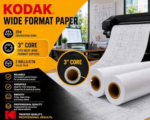 KODAK Wide Format Paper 36 x 500 FT 20# Engineering Bond, 3" Core, 2 Rolls/Ctn