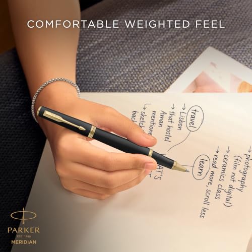 PARKER Meridian Rollerball Pen | Matte Black Lacquer with Gold Trims | Fine Nib | Handwriting Pens & Stationery Supplies | Black Ink | Luxury Gift Box