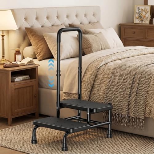 5-Level Adjustable Step Stool with EVA Non-Slip Handle, Heavy Carbon Steel Frame 2 Step Bedside Stool, Blow Molded HDPE Platform with Rubber Grips, Supports 300 LBS for Elderly Adults High Bed Bathroo