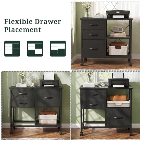 3-Drawer Lateral File Cabinet, Printer Stand with Open Shelves, Black