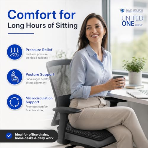 UOG (United One) 5-in-All Wellness Seat Pad, Cushion for Office, Car & Pilot Seat Comfort, Pressure Relief, Hip, Tailbone & Lower Back Comfort, Black Diamond Carbon & Nano Silver, Made in USA