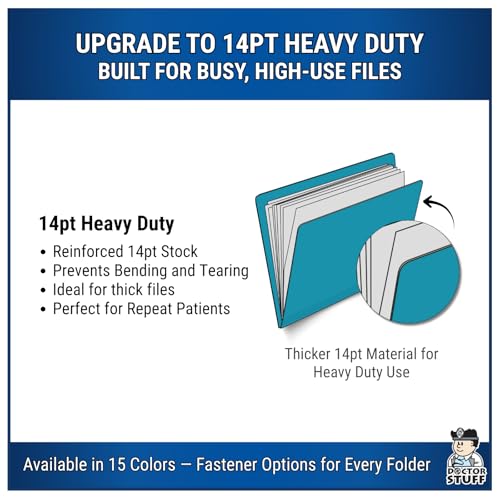 Teal File Folders, Doctor Stuff, Letter Size Reinforced End Tab Folder with 2" Bonded Fastener on Inside Front and Back, 14 pt Stock, Box of 50