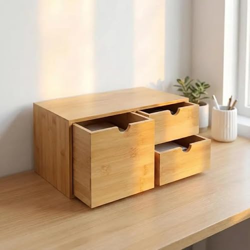 Natural Bamboo Desktop Organizer with 3 Drawers, Minimalist Desk Storage Box, Eco-Friendly Office Supplies Organizer for Home Office, Bedroom Vanity, Light Wood Color