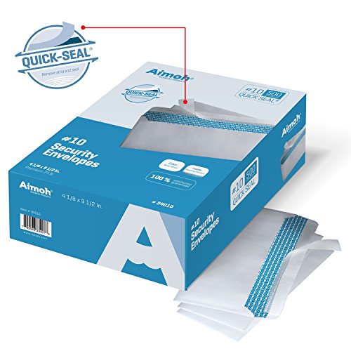 Aimoh #10 Security Self-Seal Envelopes - 1 Case - 5 Packs - 2500 Envelopes, Windowless, Security Tint Pattern, Quick-Seal Closure - EnveGuard - Size 4-1/8 x 9-1/2 Inches - White - 24 LB (34010-CS)