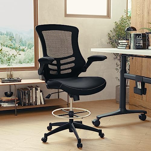 BizChair Mid-Back Black Mesh Ergonomic Drafting Chair with LeatherSoft Seat, Adjustable Foot Ring and Flip-Up Arms