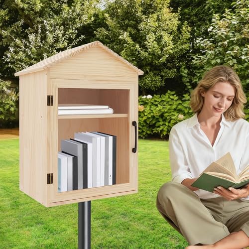 Little Library Book Box Outdoor, 2-Tier Book Storage Cabinet, Small Literature Box, Little Wood Cabinet for Sharing Books, Art Literature and Newspapers with Neighborhoods, Community and Schools