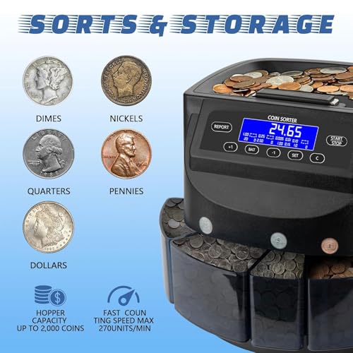 UWYTGF Coin Sorter and Counter Machine with LCD Display,Counts Usd Coins At 270 Coins/Min,Holds 2000 Coins,Includes 5 Bins & 5 Tubes
