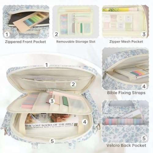 Personalized Chenille Letter Bible Cover with Shoulder Strap (Blue Floral)