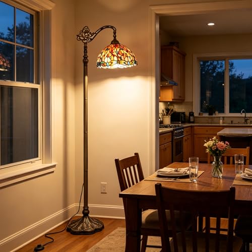 GILGGAK Tiffany Style Floor Lamp Orange Red Dragonfly Stained Glass Arched Lamp 12X18X70 Inches Gooseneck Adjustable Corner Standing Reading Light Decor Bedroom Living Room