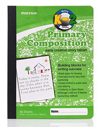Mintra Primary Composition Notebook, 24 units 6-4 Pack, Assorted Colors, 80 Sheets, 7.5in x 9.75in, 1/2 Sheet, Ruled with Drawing Area, Flexible Hardcover Journal, Grades K-2, School & Home Use