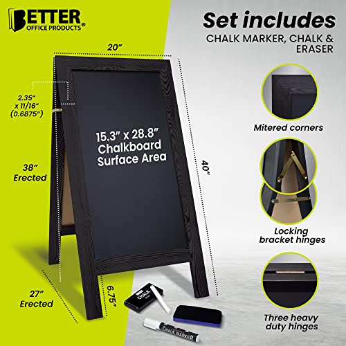 Better Office Products Magnetic A-Frame Chalkboard Sign, Extra Large 20" x 40", Standing Chalkboard Easel, with Chalk Marker + Chalk & Eraser, Sandwich Board Outdoor Sidewalk Sign,(Black)