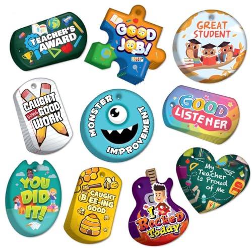 Brag Tags to Support, Build, & Recognize Positive Student Behavior in School Classrooms Value Pack: 250 Tags (25 Tags for Each Shape) + 75 USA-Made Hypoallergenic Aluminum Safety Chains