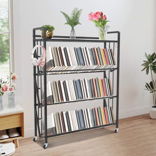 Ginelm 4-Tier Rolling Book Cart, Large Capacity Bookshelf Storage Rack Organizer, Mobile Book Storage with Wheels for Home Office, Living Room, Classroom