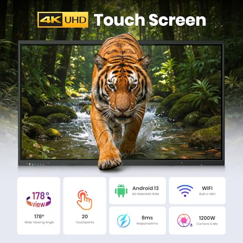 75'' 4K UHD Smart Board, Interactive Digital Whiteboard, 20-Point Touchscreen, All-in-One Electronic Whiteboard for Office Classroom Home Business