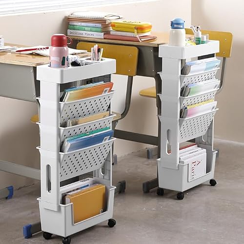 SXHEYUY 5 Tier Book Rack, Mini Space Storage Bookshelf, Large Capacity Decorative Movable Storage Shelving with Colored Pencils, Book Shelf Tall Narrow for Office Bedroom School,Yellow