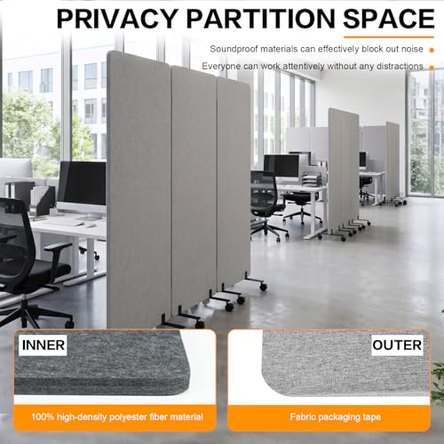 70.8×65.75 Inch Wall Divider, Freestanding Office Partitions, Noise Cancelling Room Dividers, Wall Partition with 12 Lockable Wheels, Office Divider for Classroom, Hospital (light gray, 65.75H-Pulley)