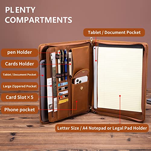YIWEN Handmade Leather Portfolio Zippered with Front Pocket