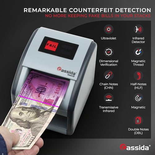 Cassida Omni-ID 2-in-1 Currency Counterfeit Detector with UV Identification Verification Lights – Bill Checker with Infrared, Magnetic and Ultraviolet Sensors - Pass/Fail Display (Pass/Fail + UV)