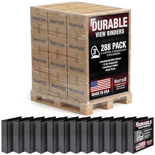 Samsill Durable 3 inch 3 Ring Binder, D Ring Binder, 100% Recycled Chipboard, Black, Pallet of 288 Binders in 24 Cartons