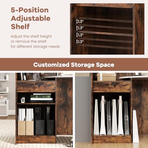 SILKYDRY Reception Desk, 54" Large Retail Checkout Counter with Lockable Drawer and Open Shelves, Wooden Front Desk Reception Counter, Oval Desktop & L Counter for Store Office Lobby Salon