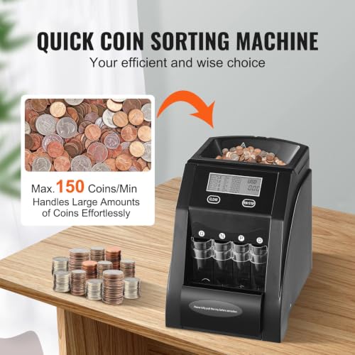 4-in-1 USD Coin Sorter Counter Machine with LCD Display Holds 200 Coins, Auto Wrapper Filling, 4 Storage Tubes and Boxes for Cashier Office Use