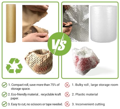 Dish Packing Kit Moving Supplies 15" x660' Honeycomb Wrapping Paper, Large Recyclable Expandable Bubble Cushion Wrap Roll Packing Material for Fragile Items Breakables Plate Glassware Bottle, 80GSM
