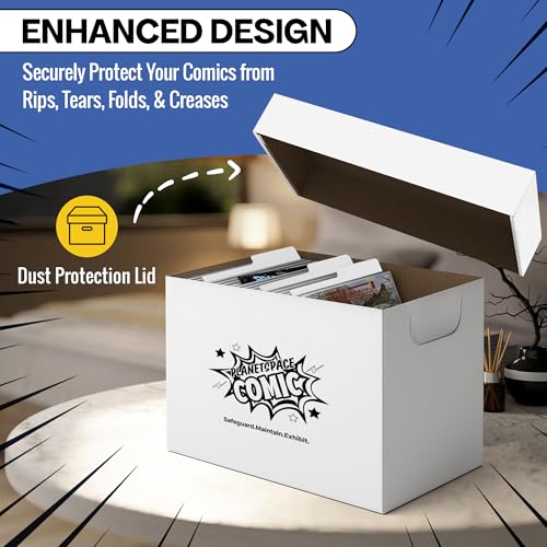 PlanetSpace Comic Book Storage Box | 22 Boxes with 6 Dividers (Each Box Stores Up to 175 Comics) - Short Stackable Design with Dust Protection Lid | Strong Structure & Acid Free Manufacturing