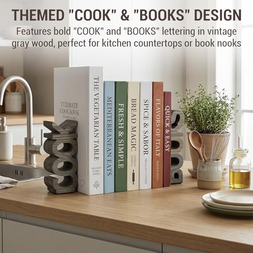 MyGift Gray Wood Cook & Books Bookends, Rustic Cookbook Holder Set of 2