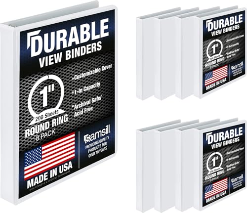 Samsill Durable 1 Inch Binder, Round Ring, Customizable Clear Cover, White, 8-Pack