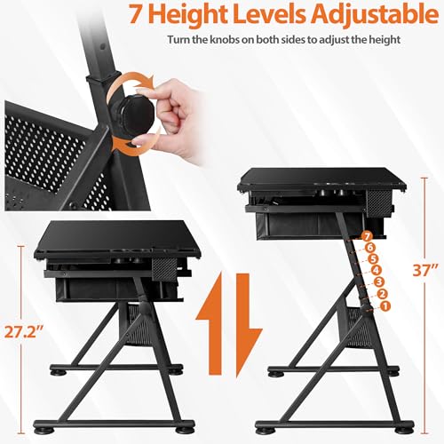 Nouva Adjustable Drafting Table Drawing Table w/Power Outlets (2AC, USB, Type-C), Multifunctional Tilting Art Craft Artists Desk w/Stool, 2 Drawer for Home Office,Black