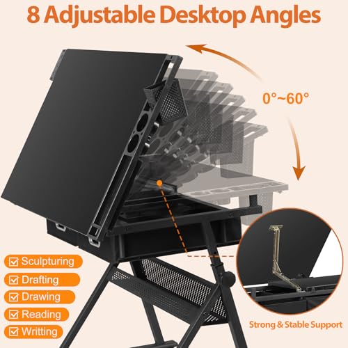 Nouva Adjustable Drafting Table Drawing Table w/Power Outlets (2AC, USB, Type-C), Multifunctional Tilting Art Craft Artists Desk w/Stool, 2 Drawer for Home Office,Black