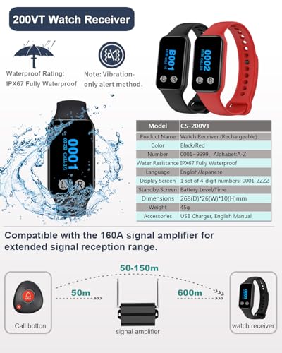 Wireless Call Button System Pager System 400ft Range Waterproof Call Buttons & Watch Receiver with Vibration Alert for Elderly Care Restaurant Bar Cafe Service (1 Receiver 200VT +1 Button M2B)