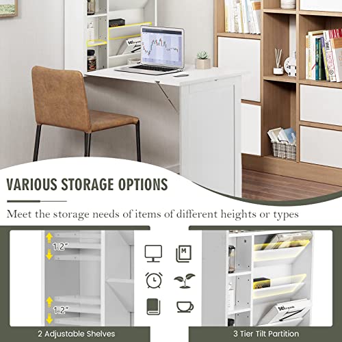 Byroce Wall Mounted Desk, Wood Collapsible Floating Desk, Convertible Computer Desk with Storage Area, Hanging Fold Out Table for Home Office, Small Spaces (White)