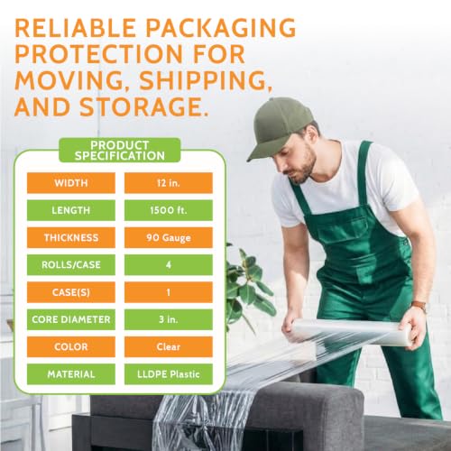 PSBM Blown Stretch Wrap, 4 Rolls 12 Inch x 1500 Feet 90 Gauge Heavy Duty Clear Plastic Wrap Industrial Strength Shrink Film for Moving, Packing & Shipping
