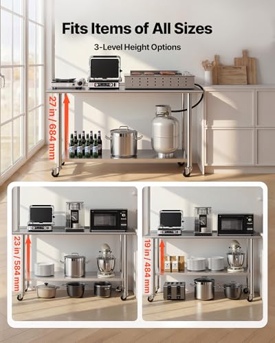 VEVOR Stainless Steel Work Table, 24x60 inch Food Prep Table with Wheels and Backsplash, Commercial Kitchen Workstation with Adjustable Undershelf, Metal Utility Worktable, for Restaurant Home Outdoor